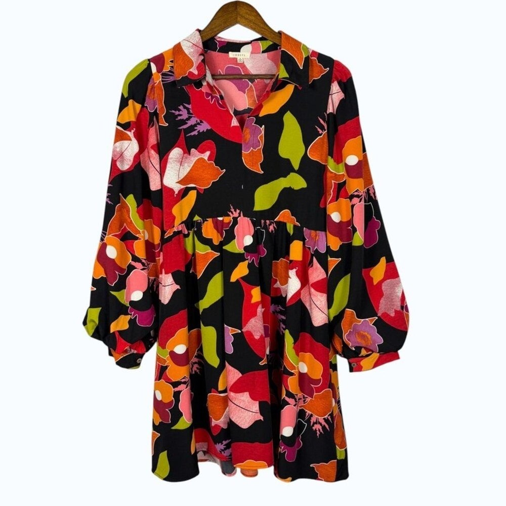 Jodifl Womens Floral Babydoll Dress Small‎ Black Multicolor Boho Mini